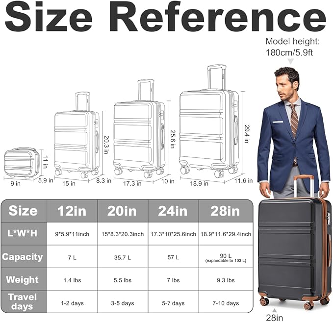 Kono 4 Piece Luggage Sets Expandable(only 28") Lightweight with Spinner Wheels TSA Lock Hardside Travel Rolling Suitcases 20in 24in 28in Carry on and 12in Mini Cosmetic Case Apricot Black