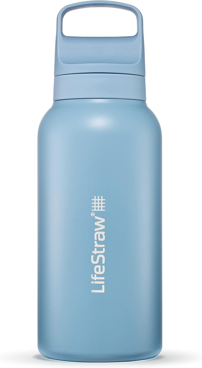 LifeStraw Go Series — Insulated Stainless Steel Water Filter Bottle for Travel and Everyday Use Removes Bacteria, Parasites and Microplastics, Improves Taste, 1L Icelandic Blue