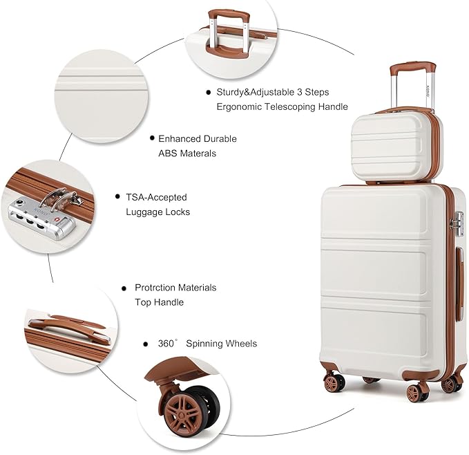 Kono Carry On Luggage Set Lightweight Airline Approved Carry On Suitcase with TSA Lock Spinner Wheels Durable Luggage Hardside Cream White