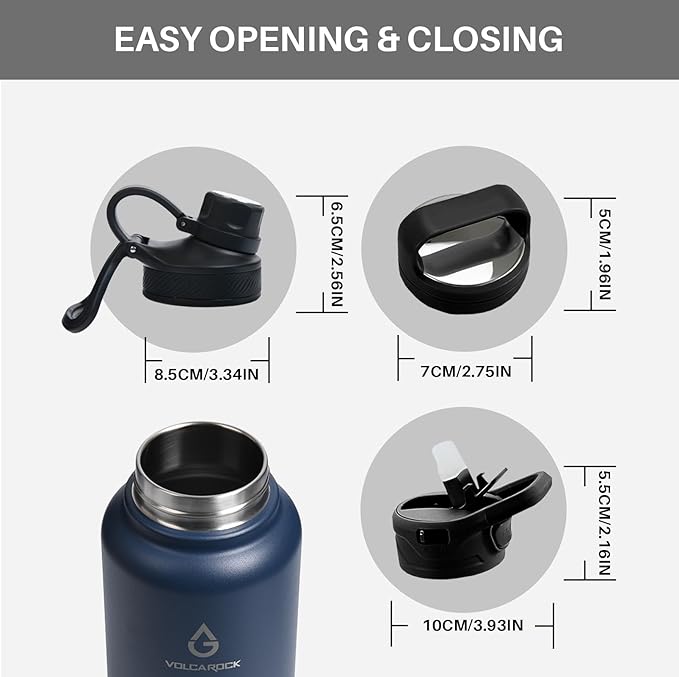 Sports Water Bottle 24/32/40/64Oz with Straw Lid Dustproof, 3 Lids, Vacuum Insulated Stainless Steel, Simple Thermo Flask, Modern Double Wall Hydro Metal Canteen- 40 Oz Navy Blue