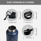 Sports Water Bottle 24/32/40/64Oz with Straw Lid Dustproof, 3 Lids, Vacuum Insulated Stainless Steel, Simple Thermo Flask, Modern Double Wall Hydro Metal Canteen- 40 Oz Navy Blue
