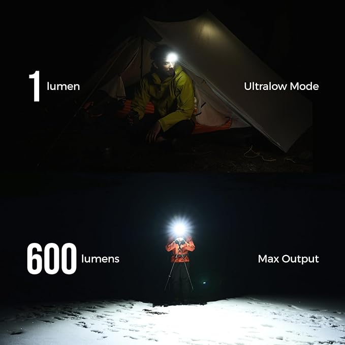 FLEXTAILGEAR 1-600 Lumen Ultra Bright Lightweight Headlamp, USB-C Rechargeable Outdoor Headlamp with White Red Light, Adjustable Headband for Camping, Back Packing, Hiking, Fishing
