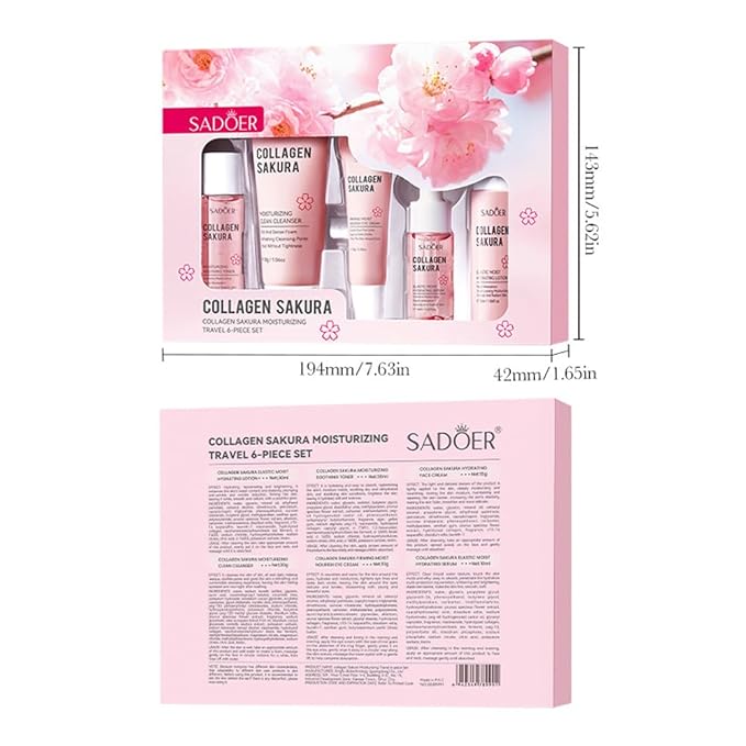 Travel Collagen Sakura Skincare Kit, 6pcs Skin Care Set include Cleanser, Toner, Lotion, Eye Cream, Serum & Face Cream, Hydrating & Soothing for All Skin Types, Perfect for Travel & Gift