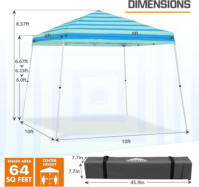 EAGLE PEAK 10x10 Slant Leg Pop-up Canopy Tent Easy One Person Setup Instant Outdoor Beach Canopy Folding Portable Sports Shelter 10x10 Base 8x8 Top (Green Blue Stripe)
