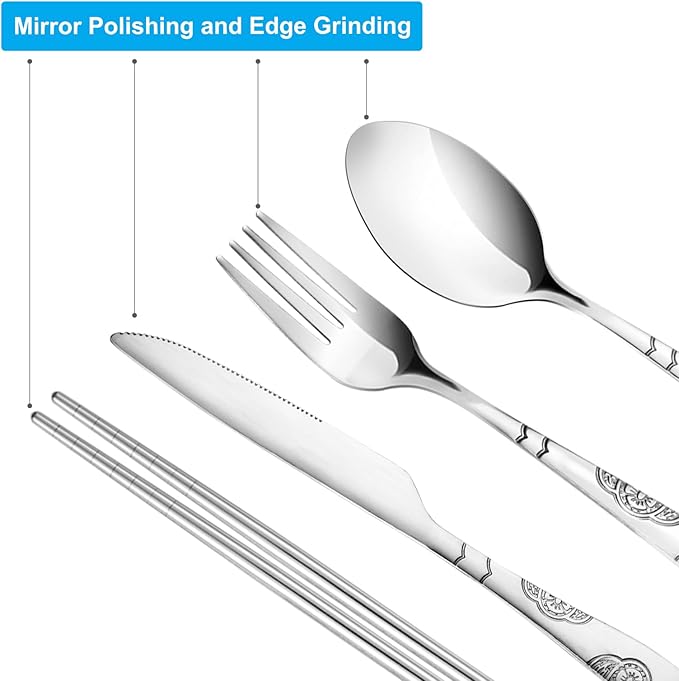 20PCS Premium Travel Utensils With Case, Stainless Steel Reusable Portable Utensils Set With Case, Lengnoyp Travel Silverware Set With Case for Lunch Box Camping, Silver