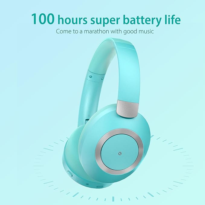 Active Noise Cancelling Headphones, 100H Playtime Bluetooth Headphones Wireless Bluetooth with Mic, Over Ear Wireless Headset with Deep Bass,Fast Charging for Travel (Light Green)