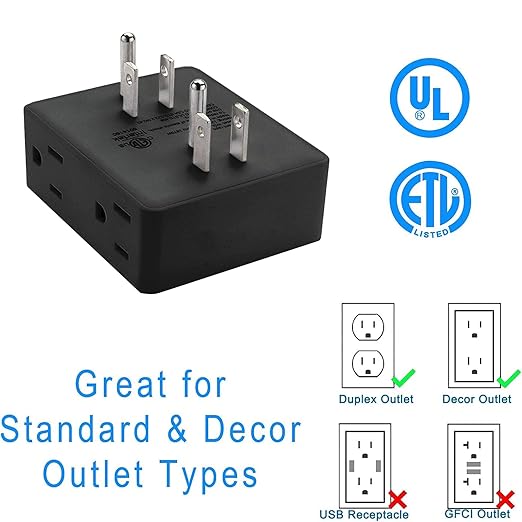 Outlet Extender, HICITY Multi Plug Outlet with 6 Electrical Outlets Adapter, 3-Prong Wall Outlet Tap for Cruise Ship Home Office Dorm, Black (3 Pack)