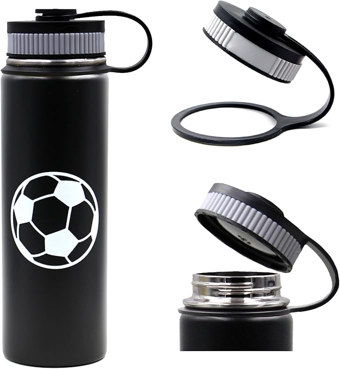 22 oz Soccer Water Bottle, Sports Flask Metal Thermo Travel Tumbler with 2 Lids, BPA Free 18/8 Stainless Steel Leak Proof Double Wall Vacuum Insulated Water Bottles, Soccer Gifts for Boys Girls Player
