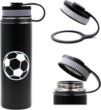 22 oz Soccer Water Bottle, Sports Flask Metal Thermo Travel Tumbler with 2 Lids, BPA Free 18/8 Stainless Steel Leak Proof Double Wall Vacuum Insulated Water Bottles, Soccer Gifts for Boys Girls Player