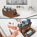 PAVILIA Toiletry Bag for Men, Travel Essentials Shaving Dopp Kit, Mens Travel Bag Toiletries Organizer Case for Grooming, PU Leather Water Resistant Cosmetic Bag Pouch (XL, Brown)