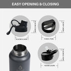 Stainless Steel Sports Water Bottle with Straw Lid Dustproof, 3 Lids, 24/32/40/64 oz BPA Free Vacumm Insulated Water bottle, Leakproof and Sweat Free, Perfect for The Go - 32 Oz Grey
