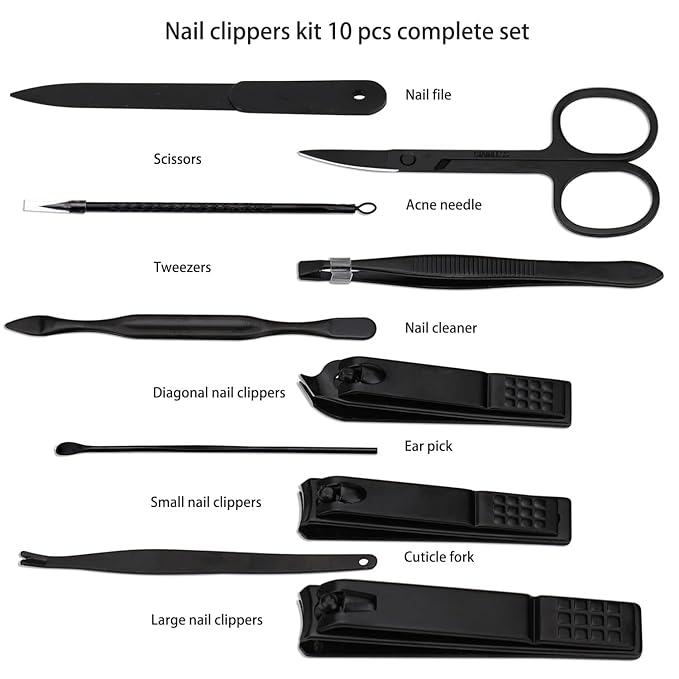Glamne Manicure Set Nail Clippers Kit Professional Stainless Steel Nail Care Tools with Leather Travel Case 10 in 1 Black
