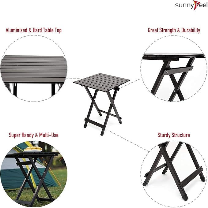 SUNNYFEEL Folding Camping Table - Lightweight Aluminum Portable Picnic Table, 18.5x18.5x24.5 Inch for Cooking, Beach, Hiking, Travel, Fishing, BBQ, Indoor Outdoor Small Foldable Camp Tables