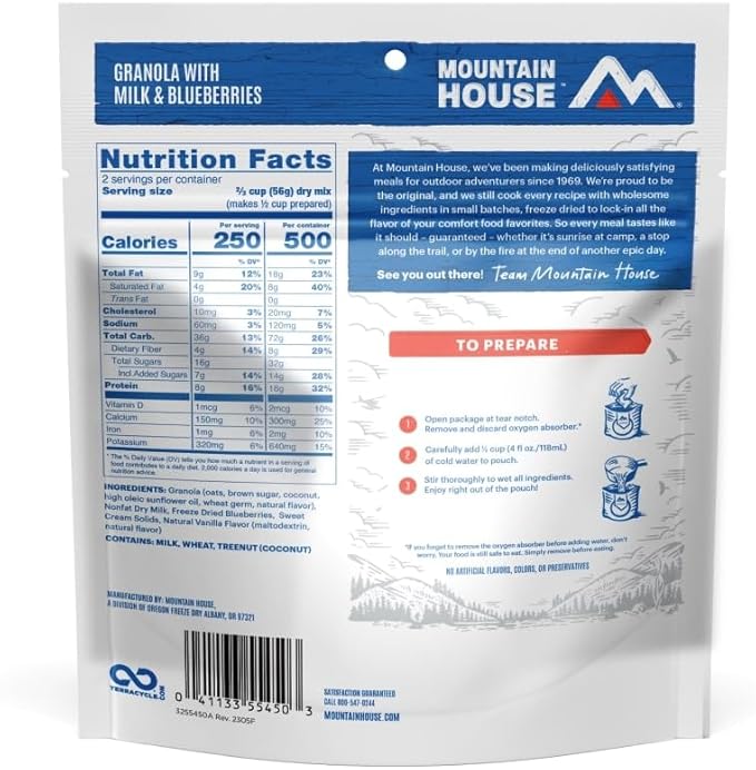 Mountain House Granola with Milk & Blueberries Freeze Dried Backpacking & Camping Food 6-Pack