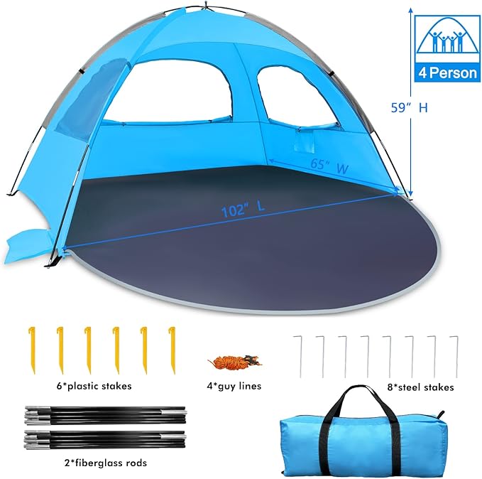WhiteFang Beach Tent Anti-UV Portable Sun Shade Shelter for 3/4/6/8 Person, Extendable Floor with 3 Ventilating Mesh Windows Plus Carrying Bag, Stakes and Guy Lines