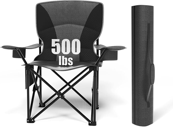 Heavy Duty Folding Chair 500LB Capacity, Oversized Camping Chairs with Cup Holder, Cooler Bag & Storage Pouch, Double-Layer Fabric, Outdoor Chairs for Sports, Lawn Chairs (1, Black Grey, Extra Large)