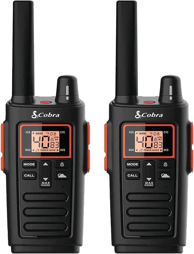 Cobra RX380 Walkie Talkies (2-Pack) – Weather Resistant Two Way Radios Long Range, 40 Pre-Programmed Channels, Weather Alerts, LED Flashlight, Long-Life NiMH Batteries (Black)