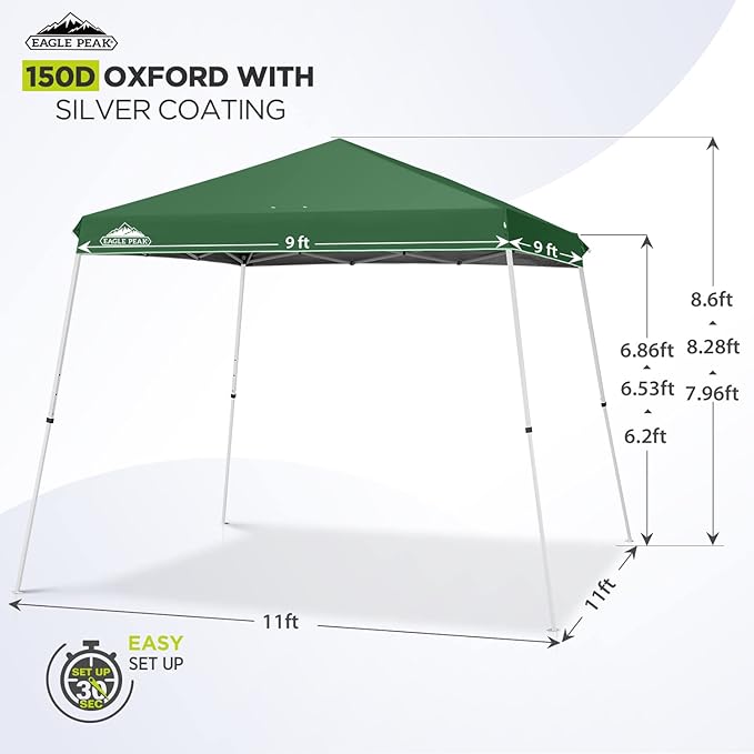 EAGLE PEAK 11x11 Slant Leg Pop-up Canopy Tent Easy One Person Setup Instant Outdoor Beach Canopy Folding Portable Sports Shelter 11' x 11' Base 9' x 9' Top (Green)