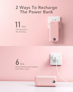 VRURC Portable Charger 20000mAh, Fast Charging Power Bank USB C,4 Output 2 Input Travel Essentials Charging Bank Equipped with LED Display,Built-in Wall Plug and Cables,Phone Charger Battery,Pink