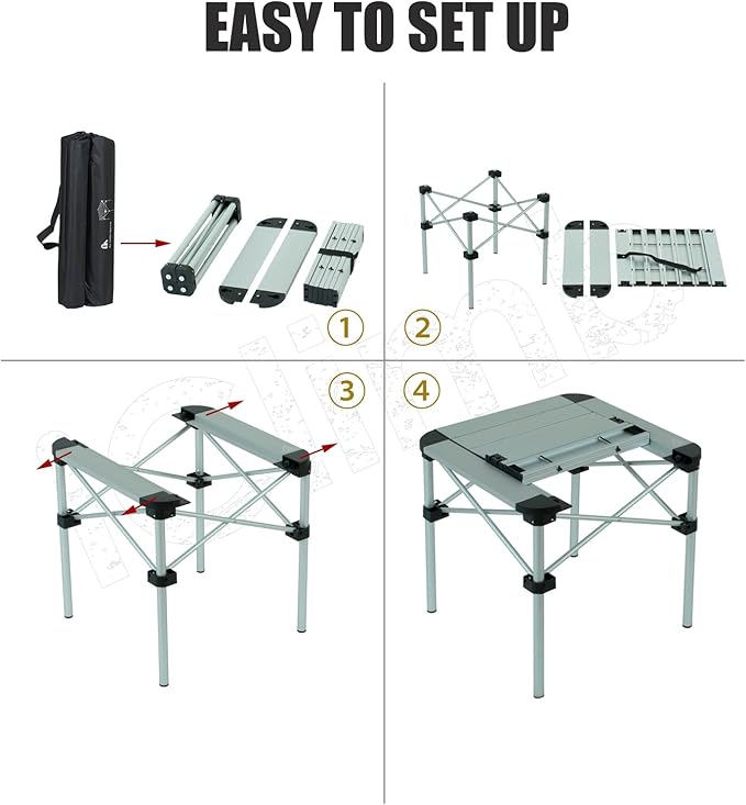iClimb Lightweight Stable Alu. Folding Square Table Roll Up Top with Carry Bag for Camping Picnic Backyards BBQ Camp Kitchen (Black, S)