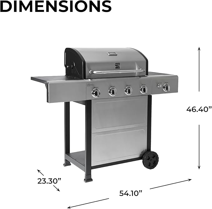 Kenmore 4-Burner Gas Grill with Side Burner, Outdoor BBQ Grill, Propane Gas Grill, Cast Iron Cooking Grates, Electronic Ignition, Warming Rack, Open Cart Design, 53000 BTUs, Stainless Steel