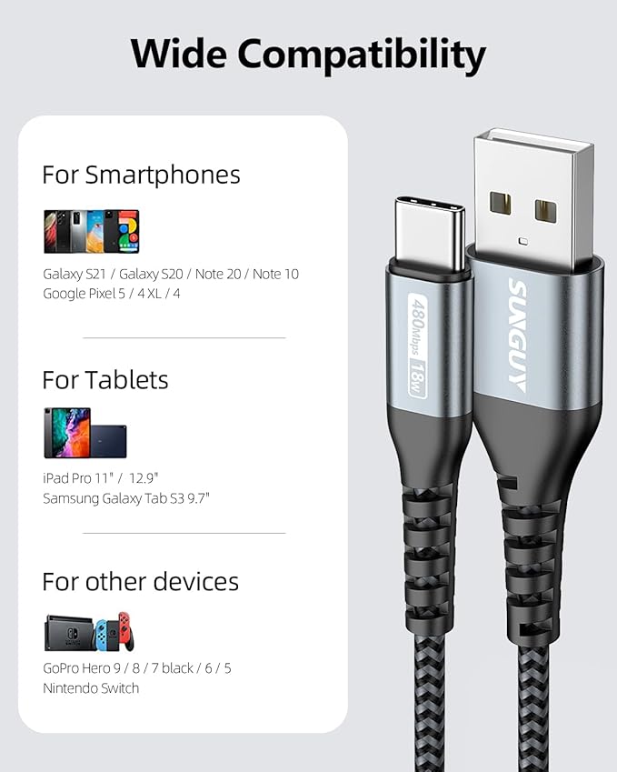 SUNGUY USB to USB C Cable 6FT, 3Pack USB A to USB C Cable 3A Type C Charger Fast Charging Nylon Braided for iPhone 16 15 Pro/Pro Max/Plus, Samsung Galaxy S23/S22/S21, USB C Devices