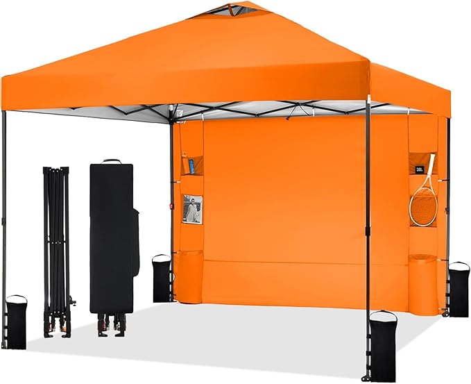 10'x10' Pop Up Canopy Tent with 1 Sidewall and 6 Pockets, One Push Setup, Instant Shade Tent with Vented Roof for Beach Patio Outdoor, Case, 8 Stakes, 4 Ropes, 4 Sandbags (Orange, 10x10)