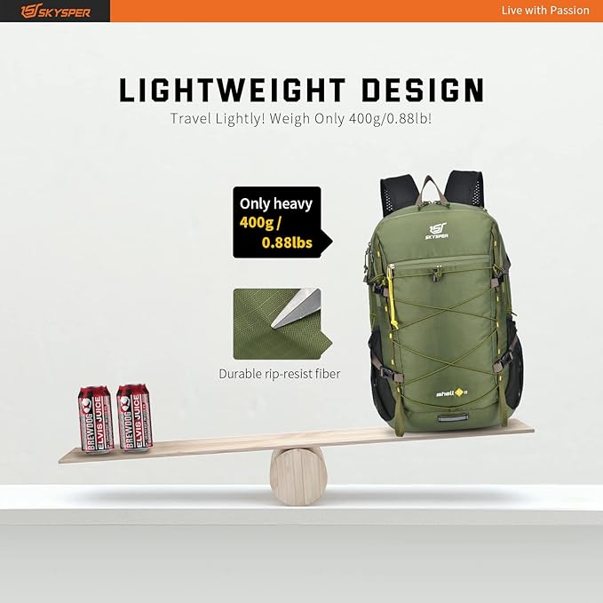 SKYSPER Packable Hiking Backpack 30L Lightweight Daypack Travel Backpacks for Women Men（Green）