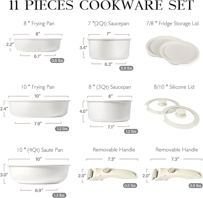 GiPP 11Pcs Pots and Pans Set Non Stick, Cookware Sets Nonstick Detachable Handle, Induction Kitchen Set Removable Handle, RV Cookware set, Oven Safe