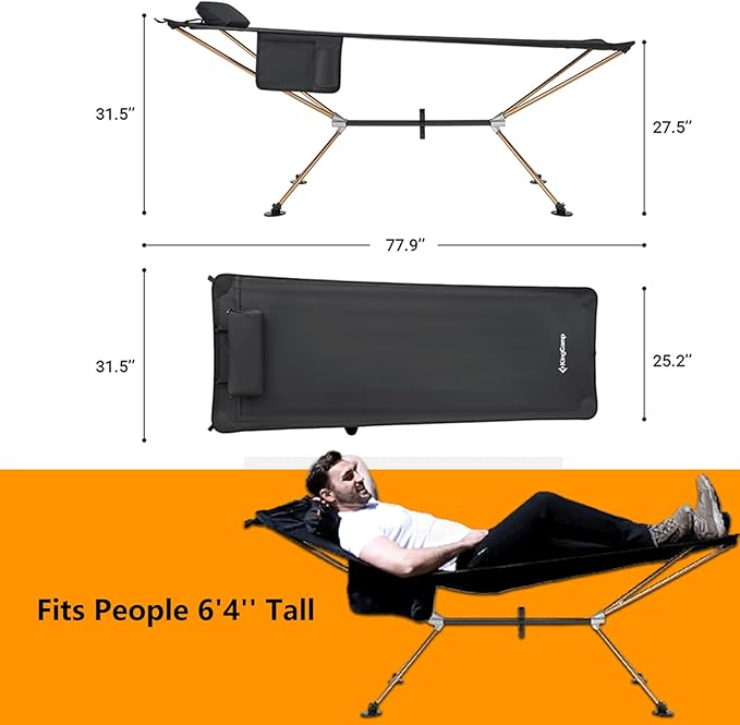 KingCamp Hammock with Stand, Portable Folding Large Oversized XL Heavy Duty Ultralight Lay Flat Sleeping Camping Cot with Carry Bag for Adult Outside Outdoor Backpacking Travel Patio Backyard, Black