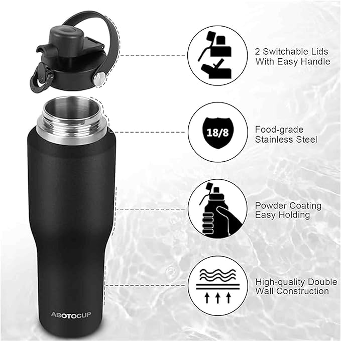 40oz Black Water Bottle Stainless Steel, Keep Cold 24H&Hot 12H, Water Bottle with Straw&Spout Lids, Insulated Water Bottle Double Wall Vacuum, Fit in Any Car Cup Holder, Leak-proof BPA Free
