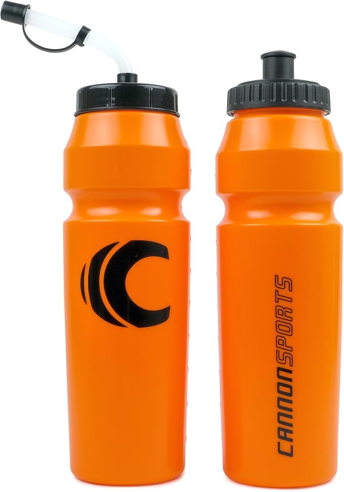 Cannon Sports 1 Liter Sports Water Bottle, BPA-Free, 34 Oz Capacity, Large Mouth, 2 lids (Straw and Squeeze), Great For Helmet Sports Such As Hockey, Lacrosse, Football, Boxing (2 Pack) (Orange)