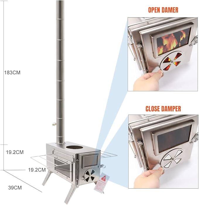 Fitinhot Tent Stove, Portable Camping Wood Burning Stoves Stainless Steel with Chimney Pipes for Outdoor Cookout, Hiking, Travel, Backpacking Trips (Silver)