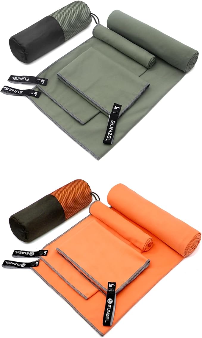 Eunzel 2 Pack Quick Dry Camping Towel, Microfiber Travel Towel 3 Size at 1 Pack,Fast Drying Towel Set for Camping, Beach, Gym, Sports, Yoga & Swimming Pool, Army Green/Orange