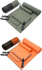 Eunzel 2 Pack Quick Dry Camping Towel, Microfiber Travel Towel 3 Size at 1 Pack,Fast Drying Towel Set for Camping, Beach, Gym, Sports, Yoga & Swimming Pool, Army Green/Orange