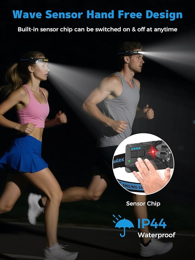 Smiling Shark TD-0123-S Headlamp, 2-Pack 2400mAh Ultra-Bright Head Lamp Flashlight Rechargeable with Hands-Free Motion Sensor, Multi-Mode LED Head Lamp with 315°Rotated for Outdoor, Camping, Hiking