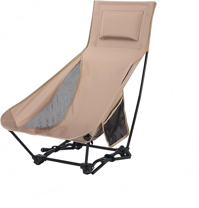 High Back Reclining Camping Chair - Oversized Folding Chair with Head Support, Widened Seat for Outdoor, Beach, Camp, Festivals (Khaki)