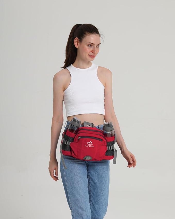 WATERFLY Fanny Pack Waist Bag: Fannie Pack 2 Water Bottle Holders Lumbar Belt Hiking Walking Running Jogging Camping Large Woman Man (Bottle Not Included)