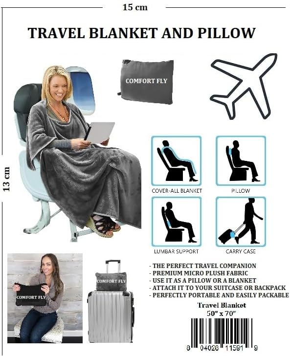 Comfort Fly Travel Blanket & Pillow – 2-in-1 Micro Plush Airplane Blanket with Carry Case (40" x 70") - Black