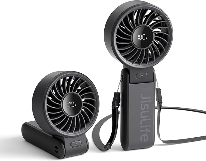 JISULIFE Handheld Fan Life7 – Ultimate Flexibility: High-Power Motor, LED Display, 13 Hrs Cooling, 3600mAh Rechargeable, 5-Speed, Foldable Design, 3-IN-1 Portable Fan for Travel Cruise Beach(Black)