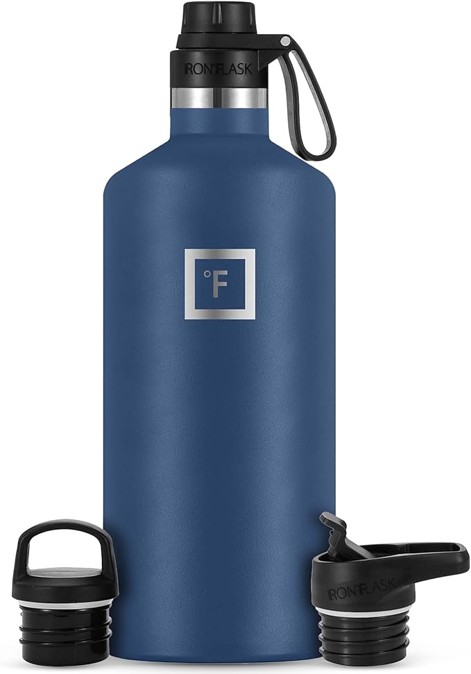 IRON °FLASK Camping & Hiking Hydration Canteens - 3 Lids (Narrow Spout Lid) Leak Proof Vacuum Insulated Stainless Steel - Hot & Cold Double Walled Sports Water Bottle - Twilight Blue, 64 Oz