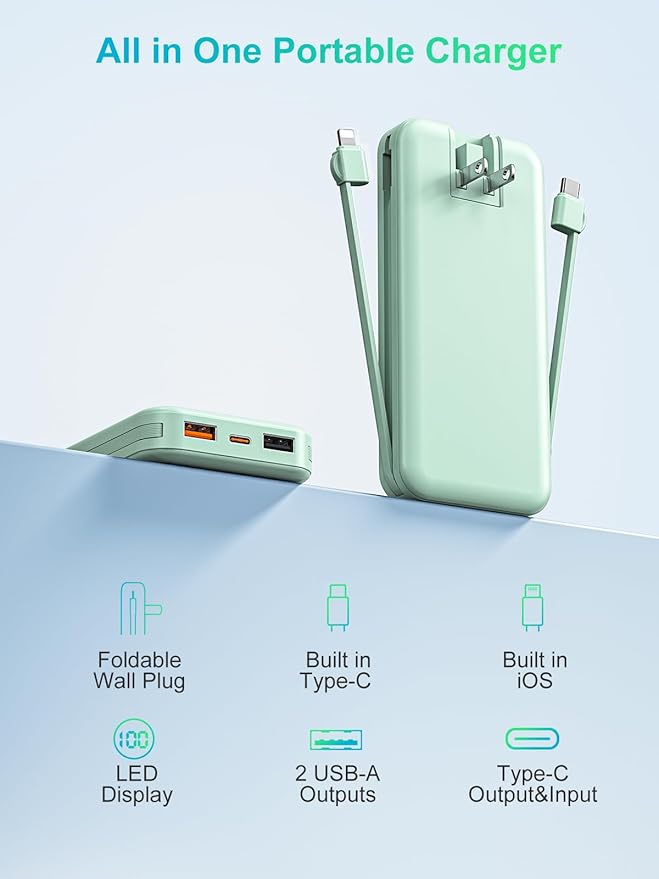 Portable Power Bank, 12000mAh 22.5W Phone Charger with Built-in Cables and Wall Plug, USB C Fast Charging Battery Bank with Smart LED Display, External Battery Pack for iPhone, iPad, Samsung etc Green