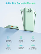 Portable Power Bank, 12000mAh 22.5W Phone Charger with Built-in Cables and Wall Plug, USB C Fast Charging Battery Bank with Smart LED Display, External Battery Pack for iPhone, iPad, Samsung etc Green