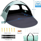 WhiteFang Beach Tent Anti-UV Portable Sun Shade Shelter for 3/4/6/8 Person, Extendable Floor with 3 Ventilating Mesh Windows Plus Carrying Bag, Stakes and Guy Lines