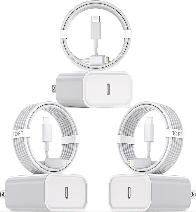 10Foot Fast iPhone Charging Cable,3-Pack Super Fast i Phone Charger USB C Charging Block Wall Charger PD Adapter with 10FT Type C to Lightning Cable Cord for iPhone 14/13/12/11ProMax/XS Max/XS/XR/8/SE