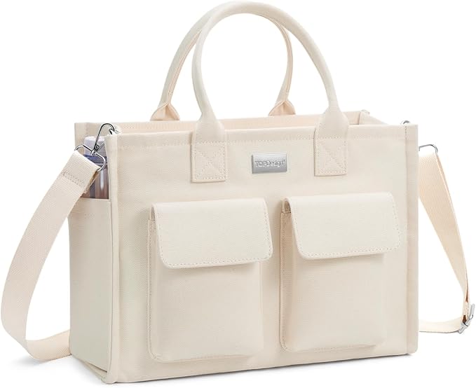 TOPDesign Heavy-Duty Canvas Tote Bag for Women, Adjustable Crossbody/Shoulder Handbag with 9 Pockets, Everything Tote