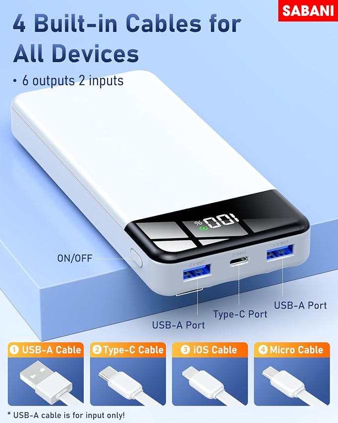 SABANI Portable Charger 35000mAh Power Bank - Portable Battery with 4 Built in Cables, 22.5W Fast Charging Battery Pack Compatible with iPhone 16 15 14 13 Samsung Android Phone etc (1 Pack, White)