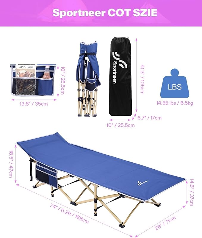 Sportneer Camping Cot, Camping Cots for Adults with Mattress Max Load 450 LBS Heavy Duty Portable Sleeping Folding Bed with Padded for Camping Tent Office Outdoor Travel Sleep Over (1, Blue+Purple)