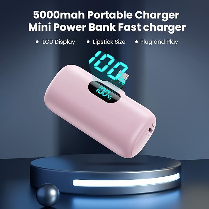 Mini Portable Charger 5000mAh Power Bank,15W PD USB C Cell Phone Portable Power, LCD Display Battery Pack Compatible With iPhone 15/15 Plus/15 Pro/15 Pro Max/Android/Samsung/Moto/LG (Type-C Only)