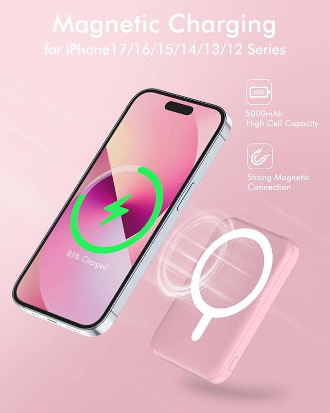podoru for Magsafe Battery Pack, 5000mAh Magnetic Power Bank with Type-C Cable 20W PD Fast Charging Lighting Input Wireless Portable Charger for iPhone 17/16/15/14/13/12/ All Series-Pink